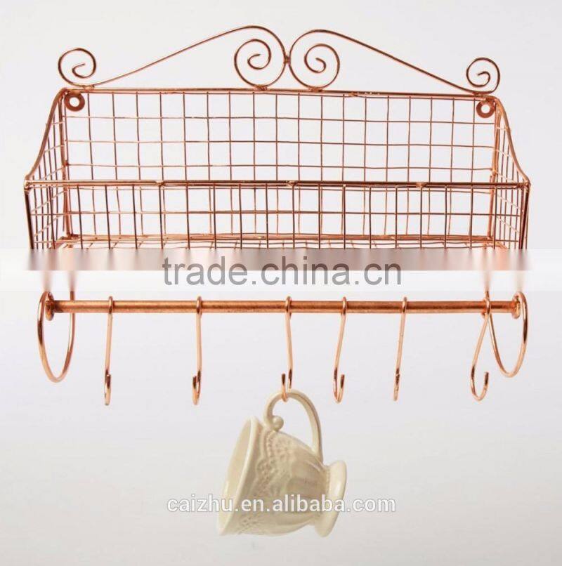 VINTAGE COPPER STORAGE BASKET SHELF UNIT WALL HUNG KITCHEN WIRE BASKET