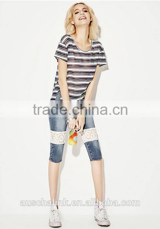 european style popular fashion denim capri lace jeans customized