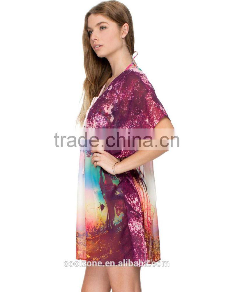 Relaxed fit lace v neck lakeside print kaftan women kaftan dress