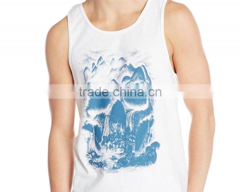 mens custom white 100% cotton front print singlet/tank tops