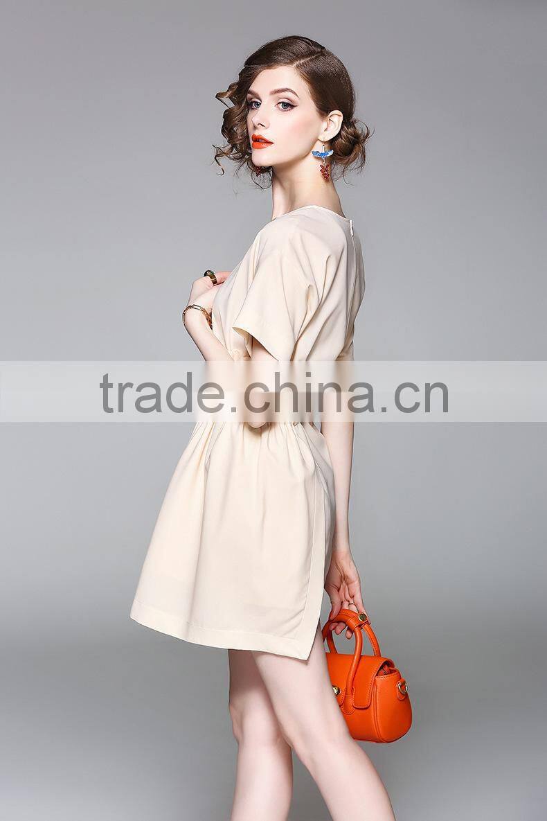 New Dresses Women Clothes Elegant Fashion Middle Sleeve round collar With Elastic Waist Dresses