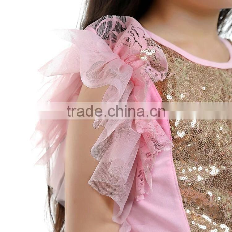 factory wholesale hot seling paillette baby dress,pink lovely kids dress,ruffle sleeve party children dress MC6030301