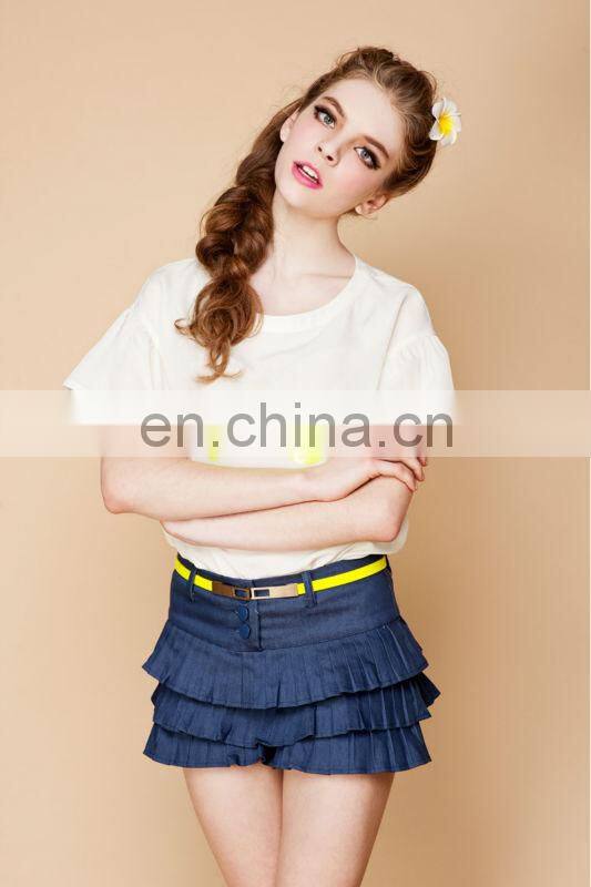Japanese style characteristic layered ruffles jeans skirt shorts latest designs photos