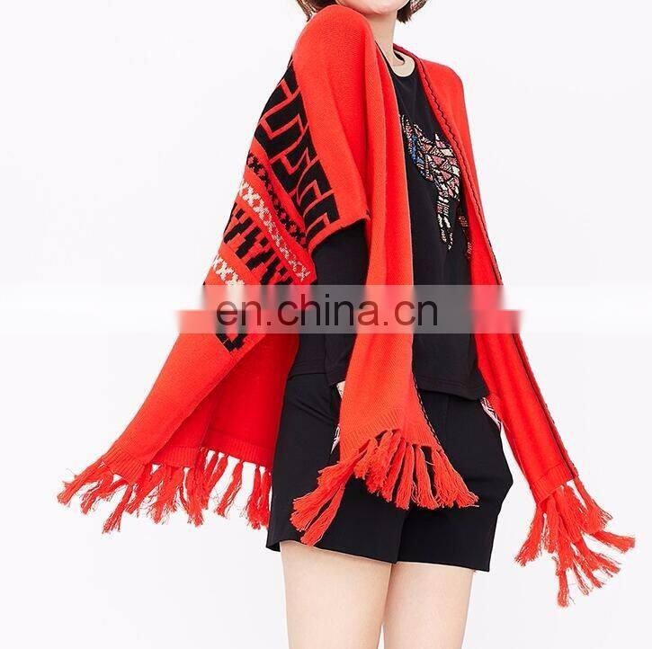 Red color New fashion computer knitted fringe poncho women