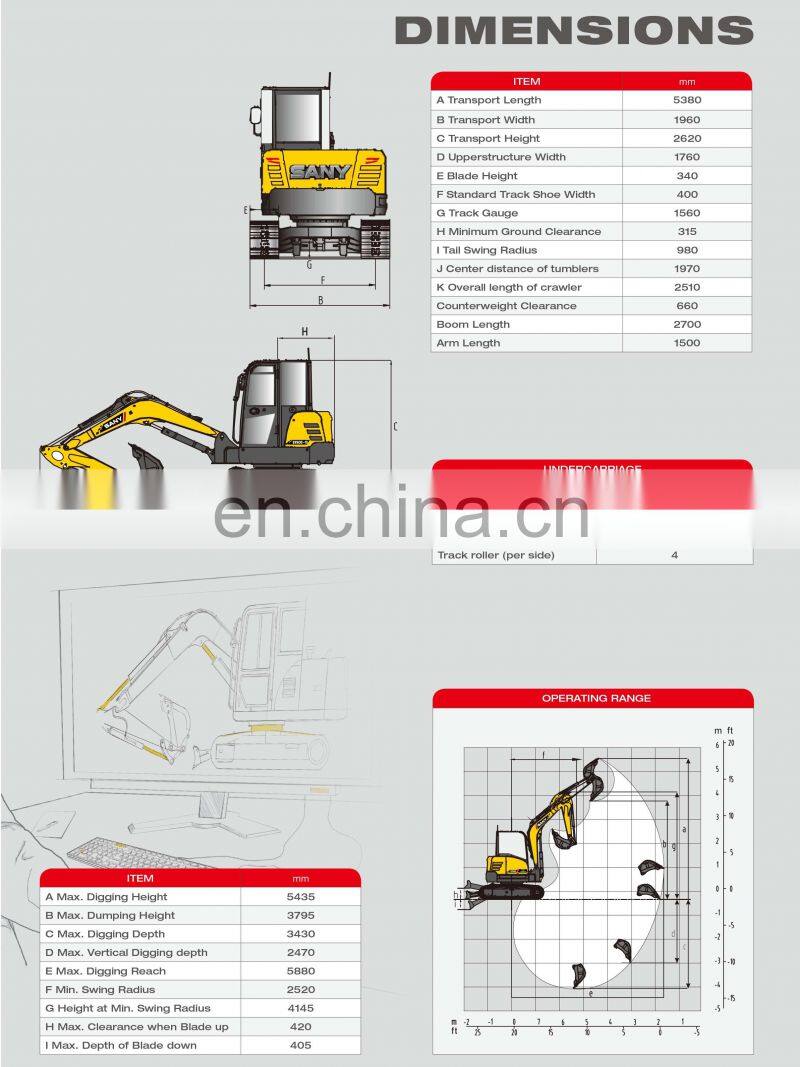 China SANY SY50C 5 tons Small Mini Excavator digging machinery for sale