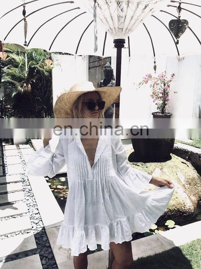 Loose Beach Dress Women White Beach Cover Up Women Bikini Cover Up Flare Sleeve Bohemian Bathing Suit Sundress Ruffle Hem Dress
