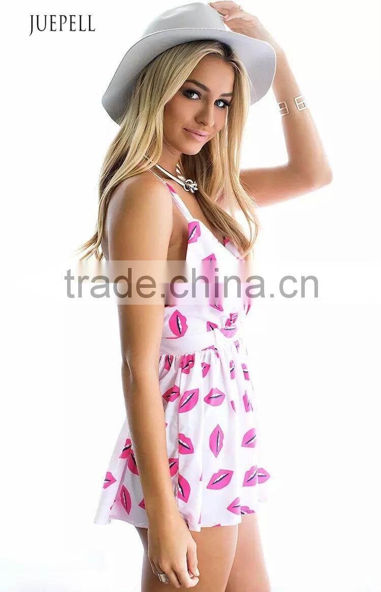 hot selling summer red lips printed condole jumpsuits