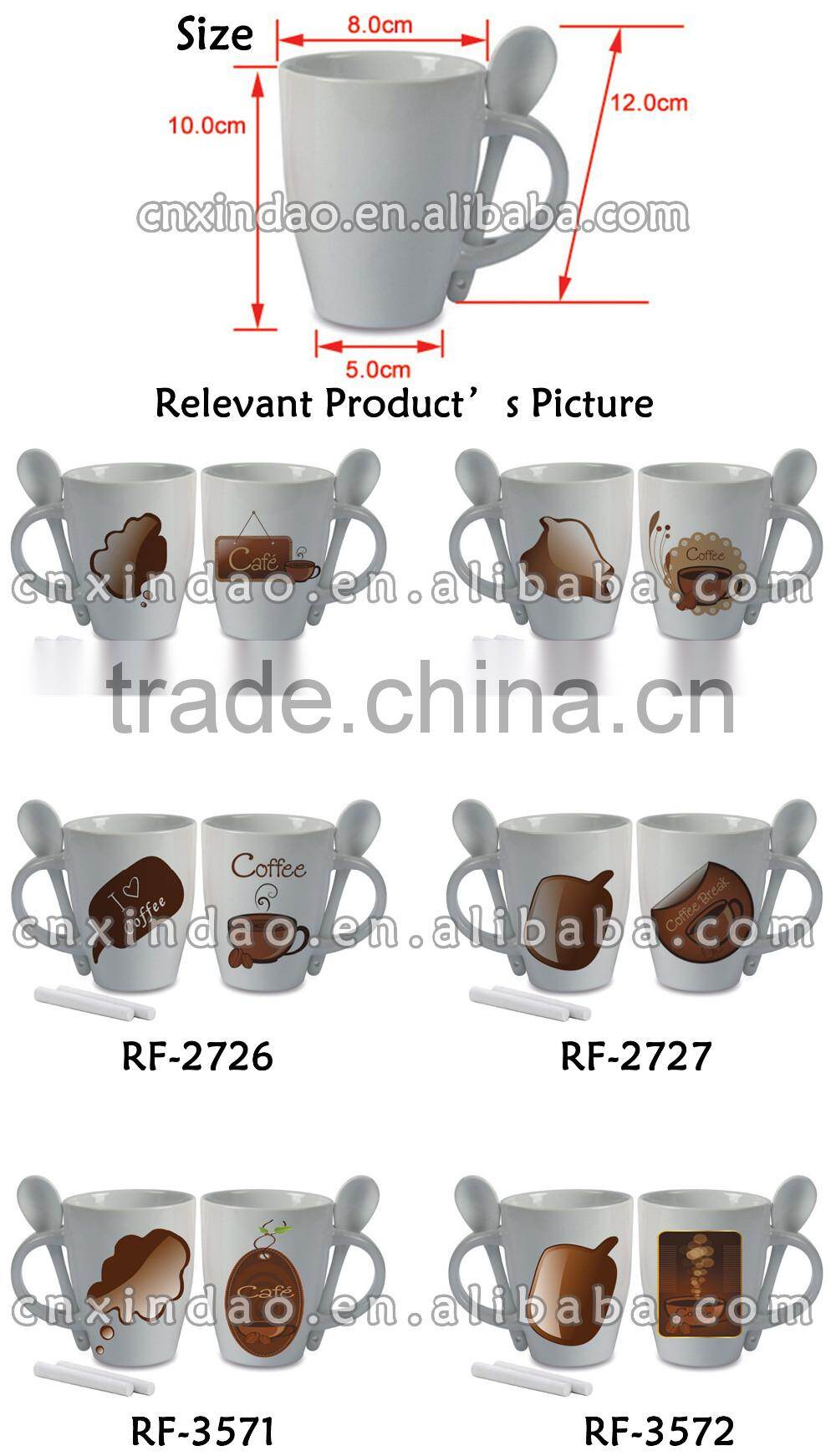 2016 Popular Custom Print White Ceramic Coffee Mugs with Spoon for Chalk Mugs
