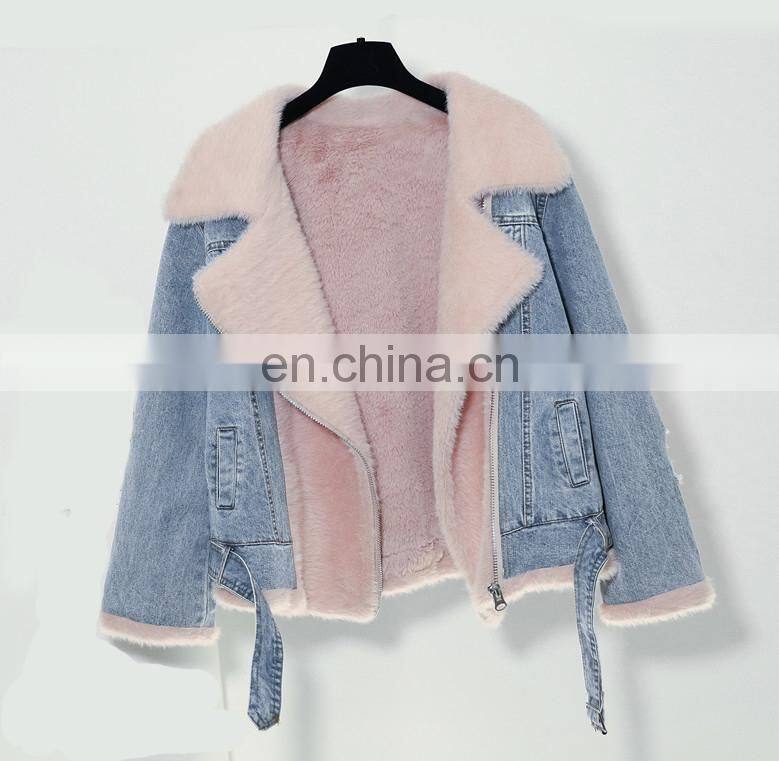 New style factory sherpa women fashion winter jacket berber Fleece Fancy denim ladies motorcycle jacket