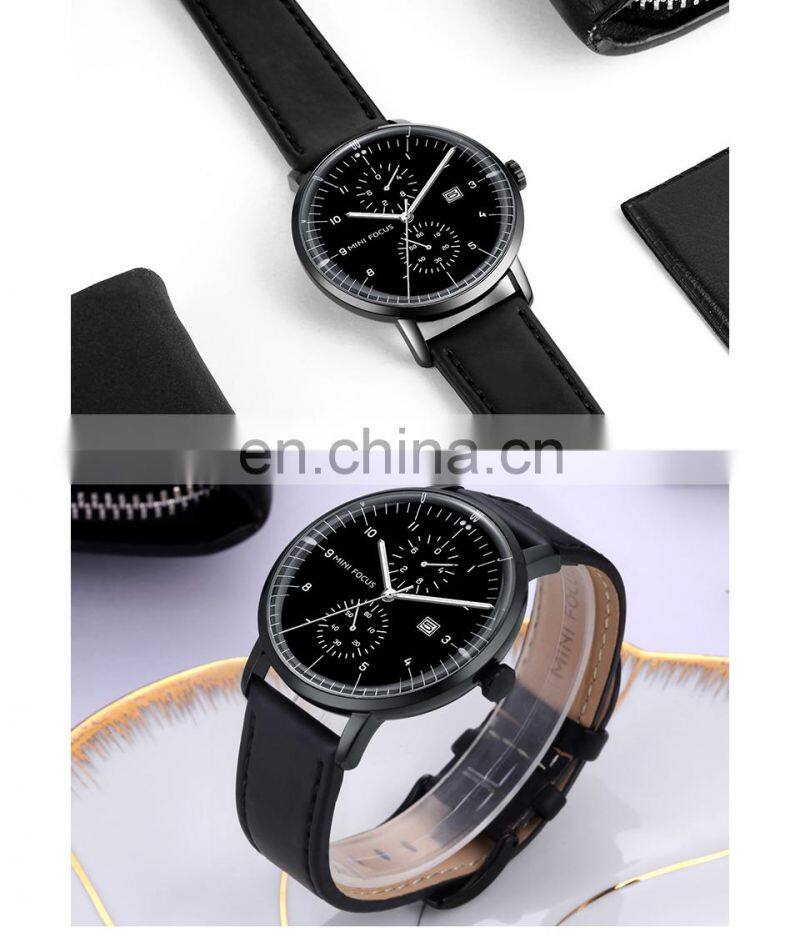MINI FOCUS 0052 Men Quartz New Leather Band Watch Popular Chronograph Relojes Hombre Deportivo simple watch