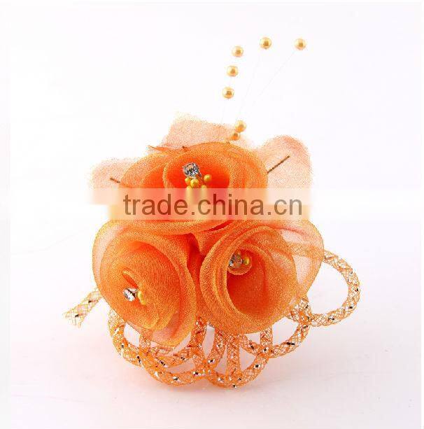2013 New design wholesale DIY three small roses beaded pectoral flower fabric flowers H-104