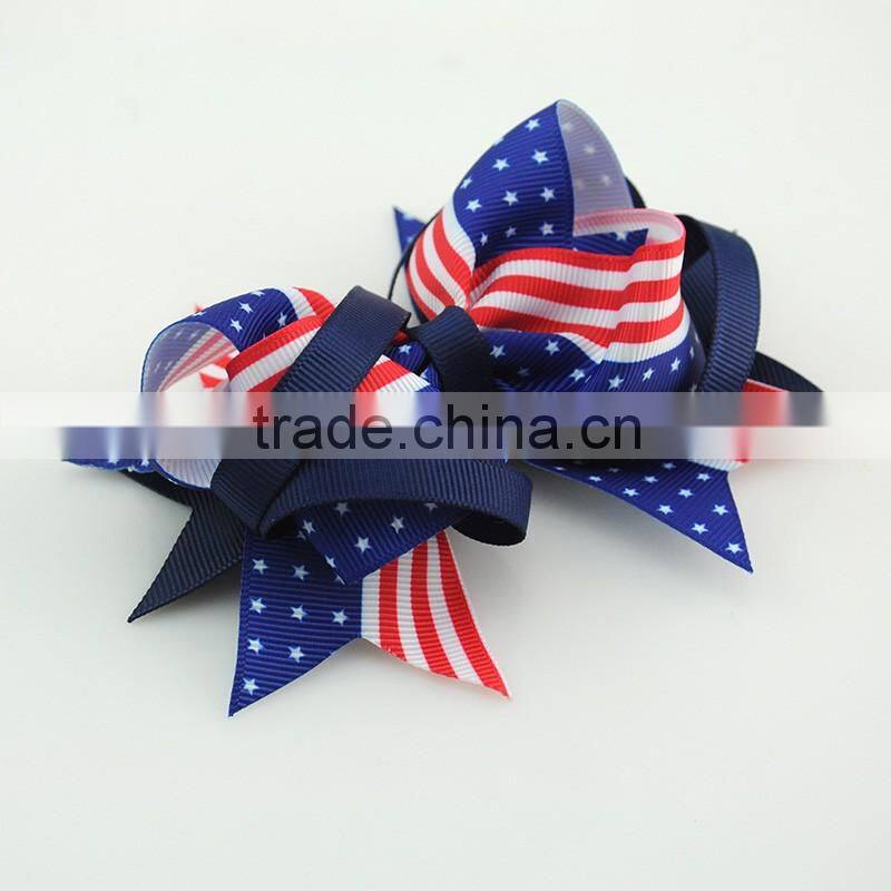 Unique design america flag big bowknot shape hair accessories silk ribbon hair pins