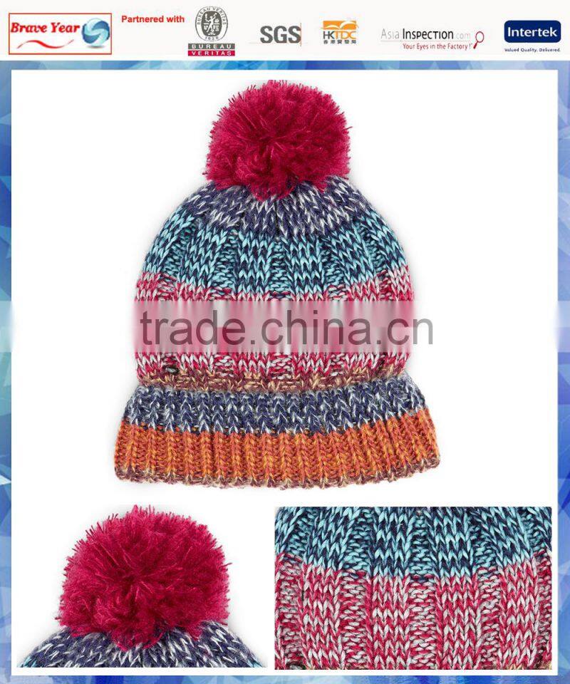 100% acrylic bright space dye stripe pom beanie/knit pom beanie/striped knit beanie with pom pom