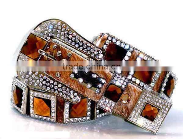 Brown Brindle Prism Concho Real Glass Crystal Rhinestone Belt