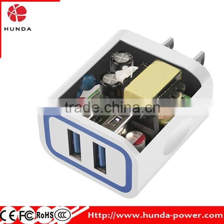 HUNDA Factory OEM 2 USB Port Slim 5V 2.4A high speed Cell Phone Charger-white
