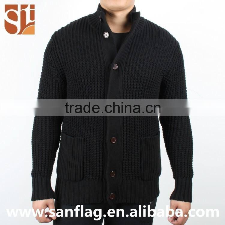 2016 Amercia winter men high neck cardigan coat with button & pocket heavy pattern black knit sweater made in china
