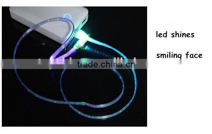 Mix Color Flashing Visible Luminous Smiling Face Micro USB Cable LED Glow Sync Data Charger Cables, Noodle Cables for Samsung