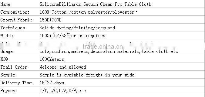 Silicone Billiards Sequin Cheap Pvc Table Cloth