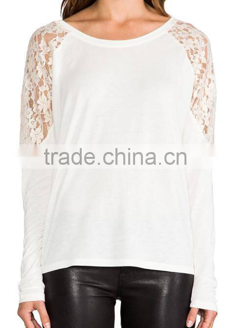 long sleeve fashion women tops ivory lace inserst Korean style crop tops