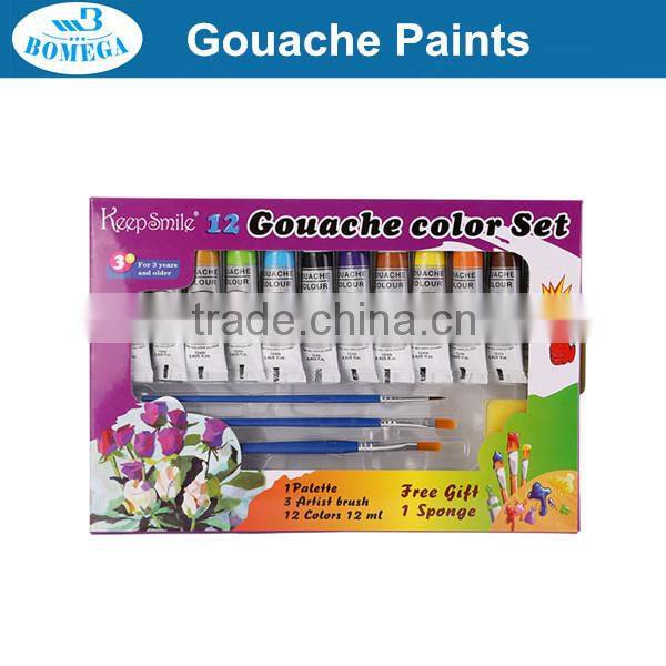 Bomega Students 12 colours gouache paint set with palette and 3 paint brushes wholesale