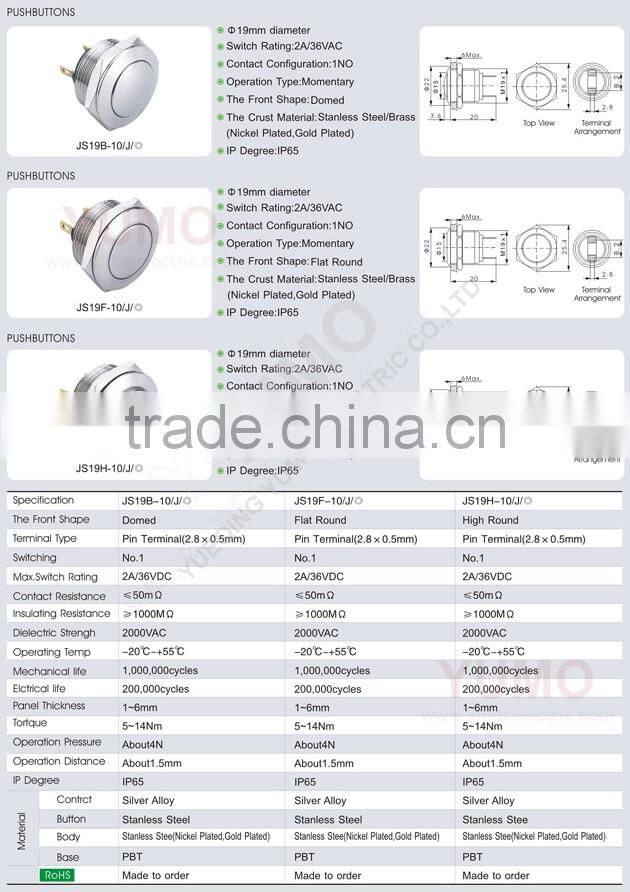 Hot sale JS19B ROHS 19mm domed IP65 momentary pin terminal 2A/36VDC push button switch waterproof push button