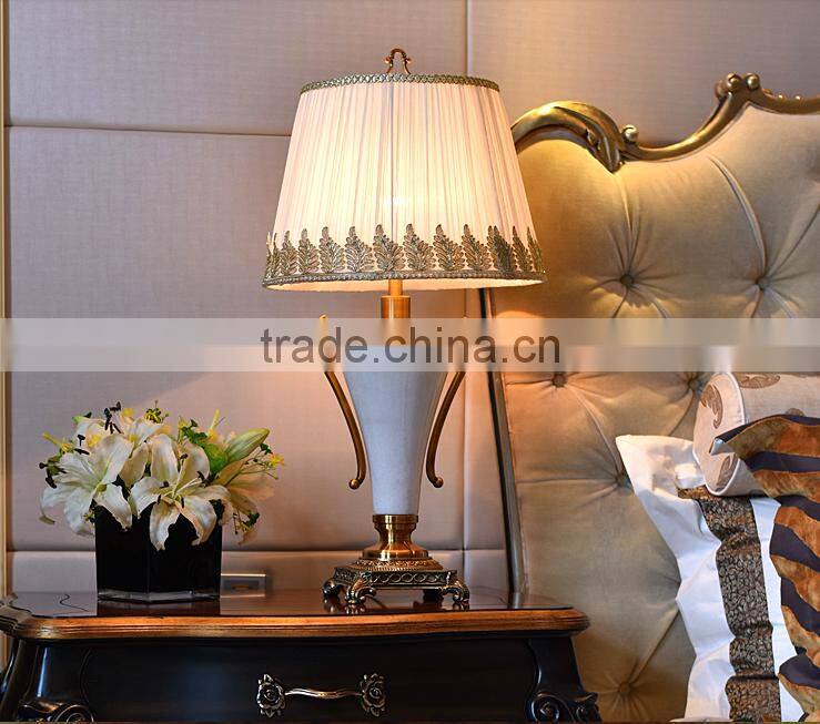 Fabric lampshade jade lamp body brass bottom concise design living room table lamp