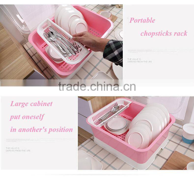 Double-deck plastic kitchen drain rack dishes water lid organizer bowl shelf