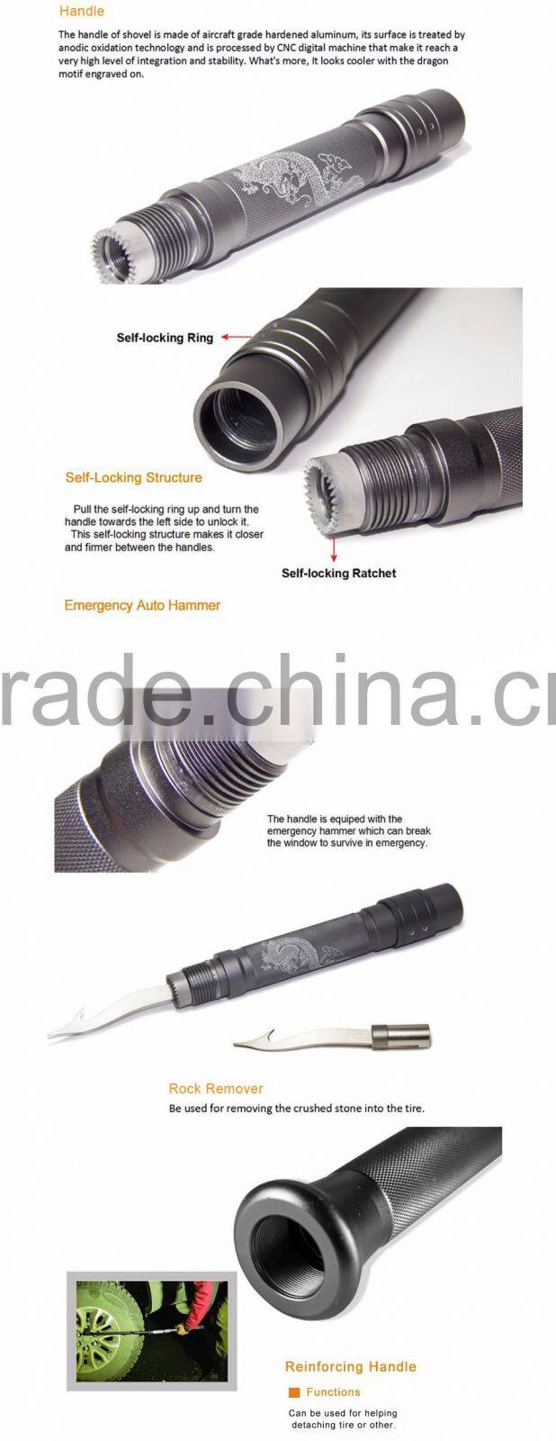 New Design Camping Tool Folding Pick Shovel Multifunction as Shovel Knife and Pick with Flashlight for hunting