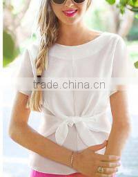 2016 Fashion Short Sleeve Bow O-neck Office Women Chiffon Shirt