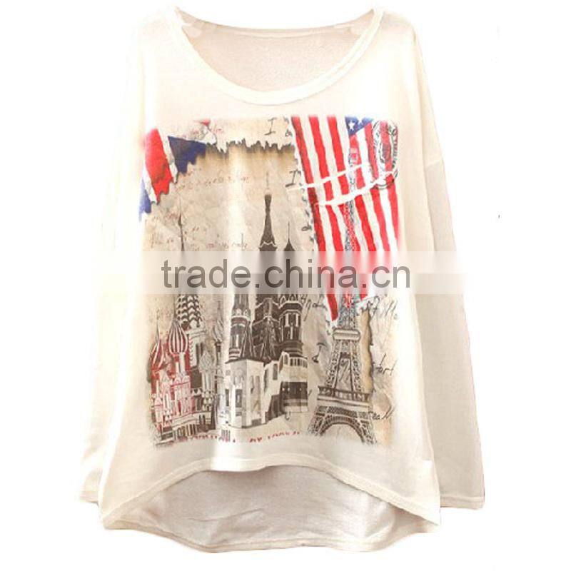 Lady garment clothing manufacturer long sleeve loose fitting o-neck shorter front printed t-shirt