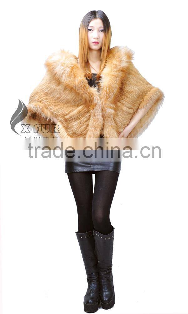 CX-B-M-99A In-stock Item Wholesale Knitted Genuine Fox Fur Trim Mink Fur Shawl Coat