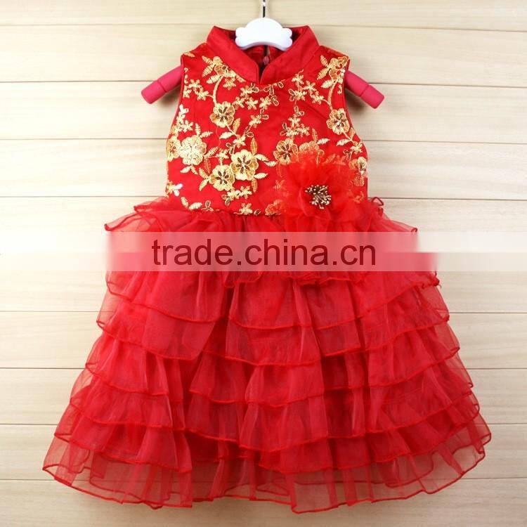 2016 Chinese flower pattern new year lace party flower baby girl dress for 2-8years girl