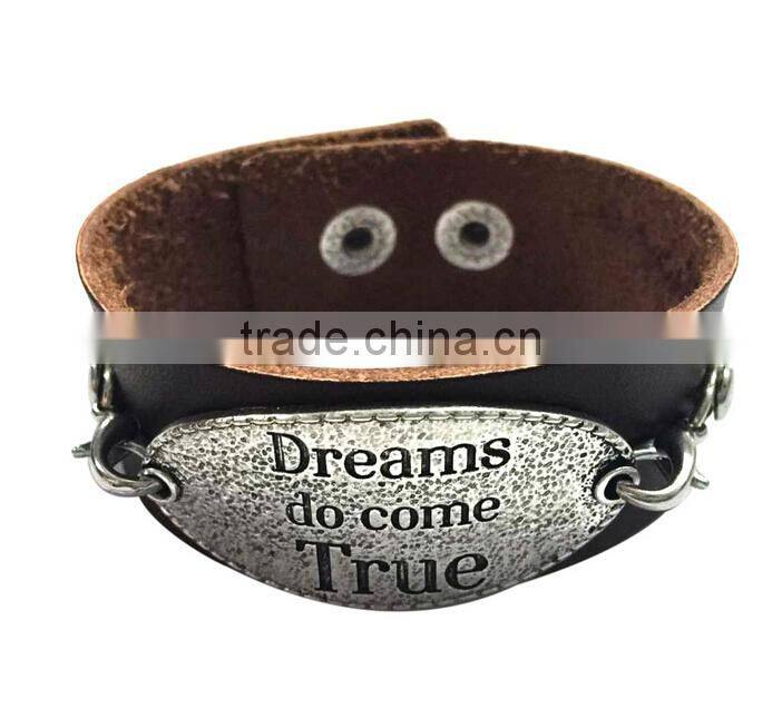 Brown/black color adjustable bracelets,inspirational words metal charm cuff bracelets,wide leather bracelet