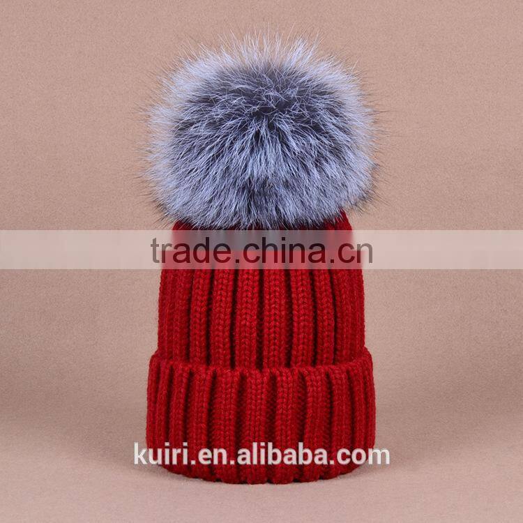 knitted hat with snap silver fox fur ball on top