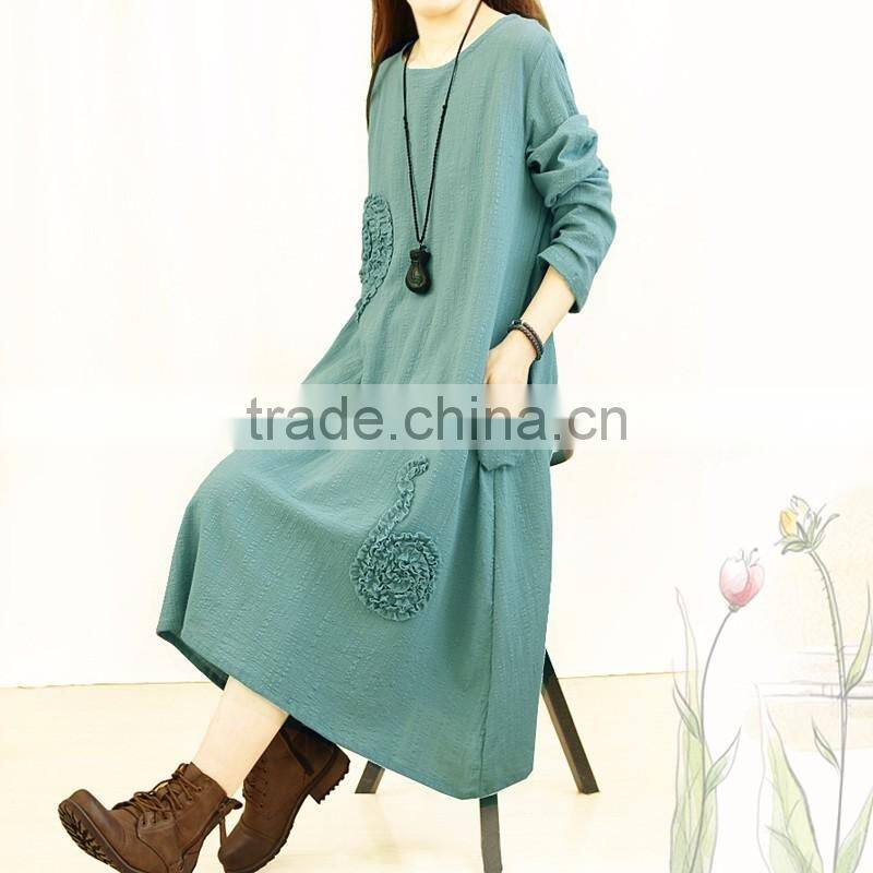 Z&M long sleeve linne dress Women solid color dress long linne dress