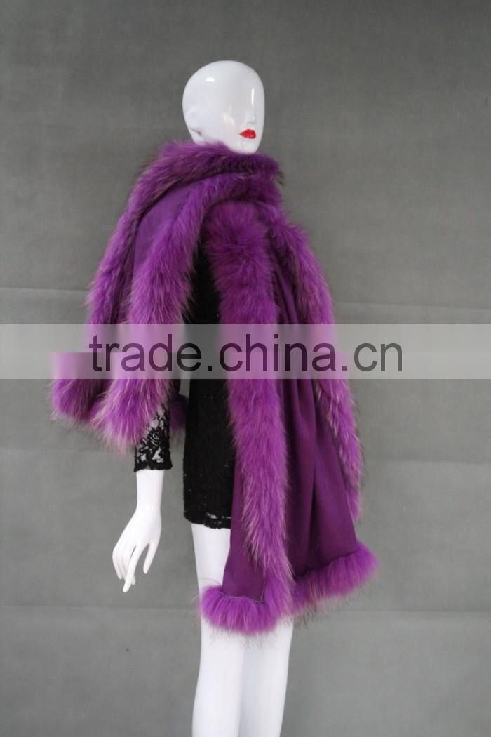Wholesale Ladies Latest Cashmere Shawl & Fur Cape With Raccoon Fur Trims