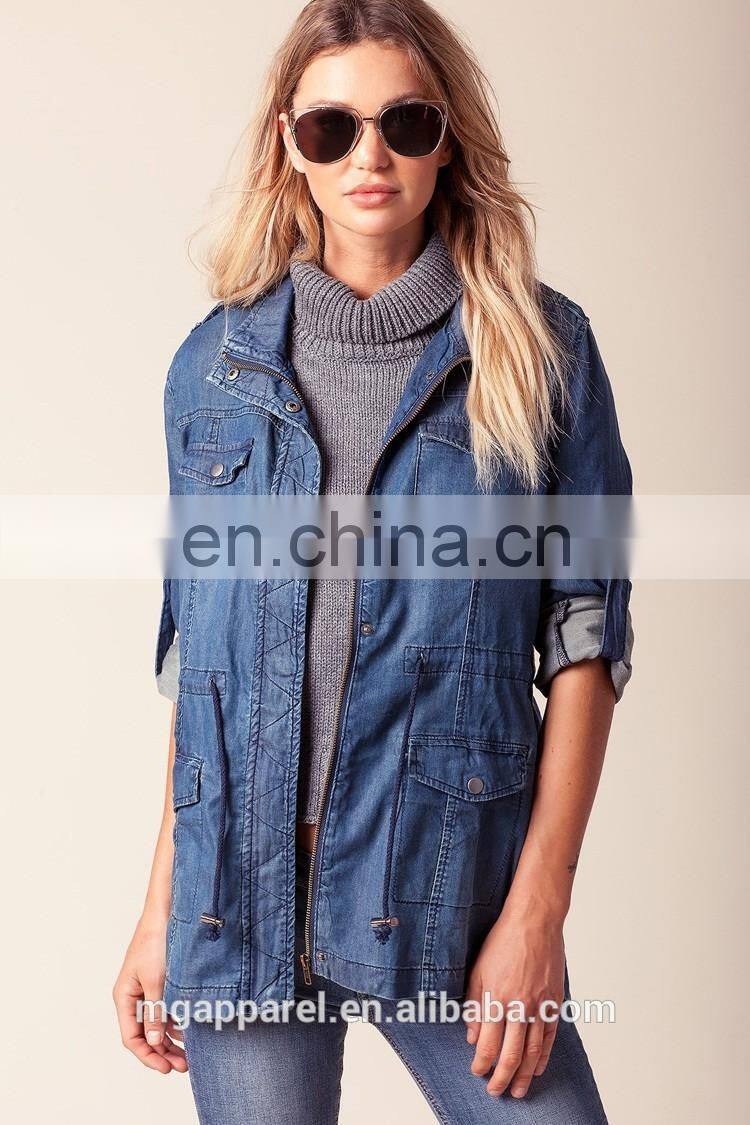 Custom jean jacket wholesale medium-wash roll sleeves woman denim jacket
