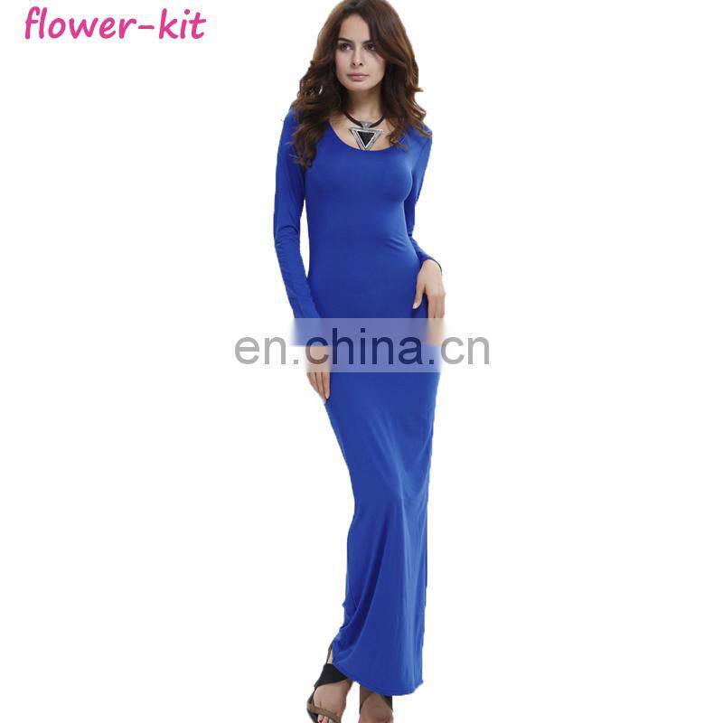 Women Long Sleeve Skinny Scoop Neck Slim Pencil Dresses Formal Elegant Bodycon Maxi Dress