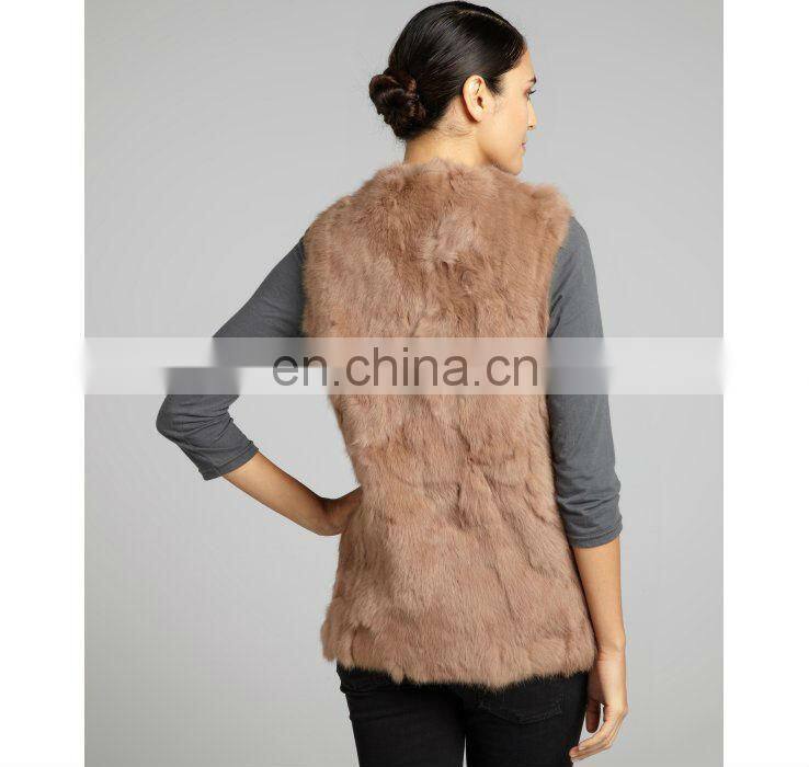 taupe rabbit fur v-neck vest /quality supplier+OEM+ODM