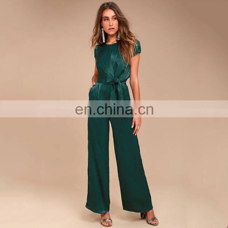 dongguan suppliers european style short sleeve satin wide-leg black long women one piece jumpsuit