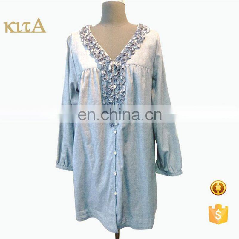 hot sale cheap women ribbon embroidery chambray blouse