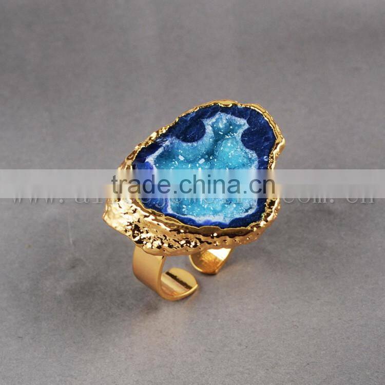 Fashion Vintage Antique Ajustable Golden Plated Druzy Geode Agate Statement Wide Ring