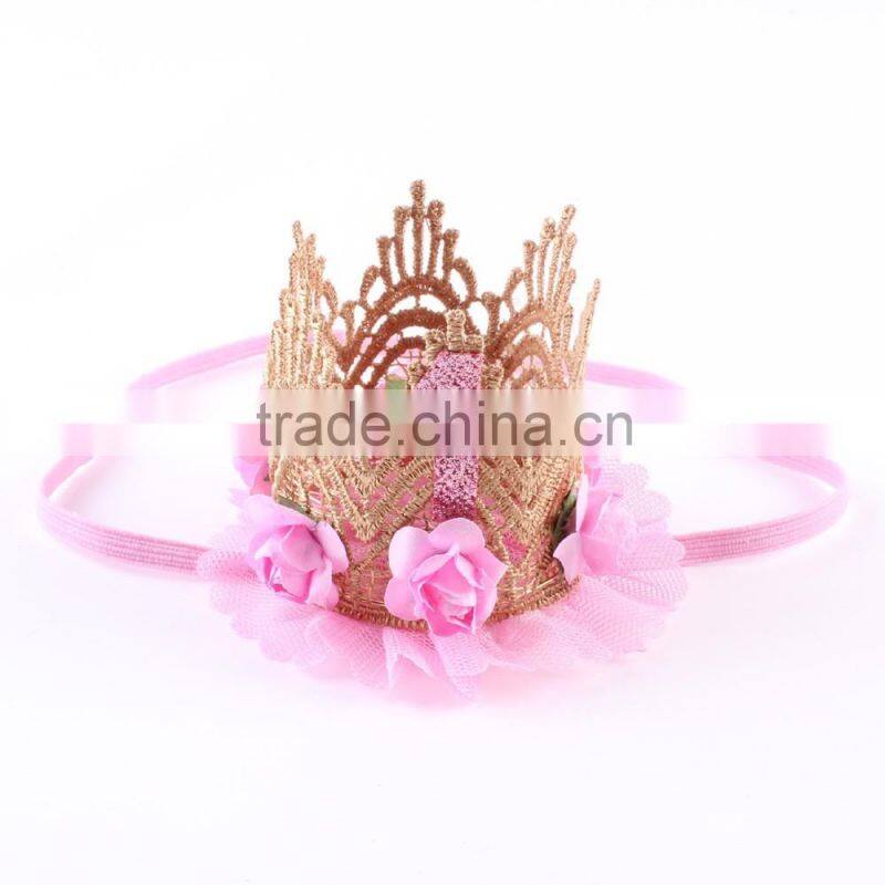 Hot-sales kids large gold lace crown headband baby hair accessory crown baby gold flower hair band wh-1836