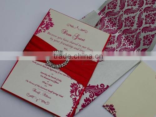 Gold Silk Wedding Invitation with rhinestone brooch and ribbon ON SALE