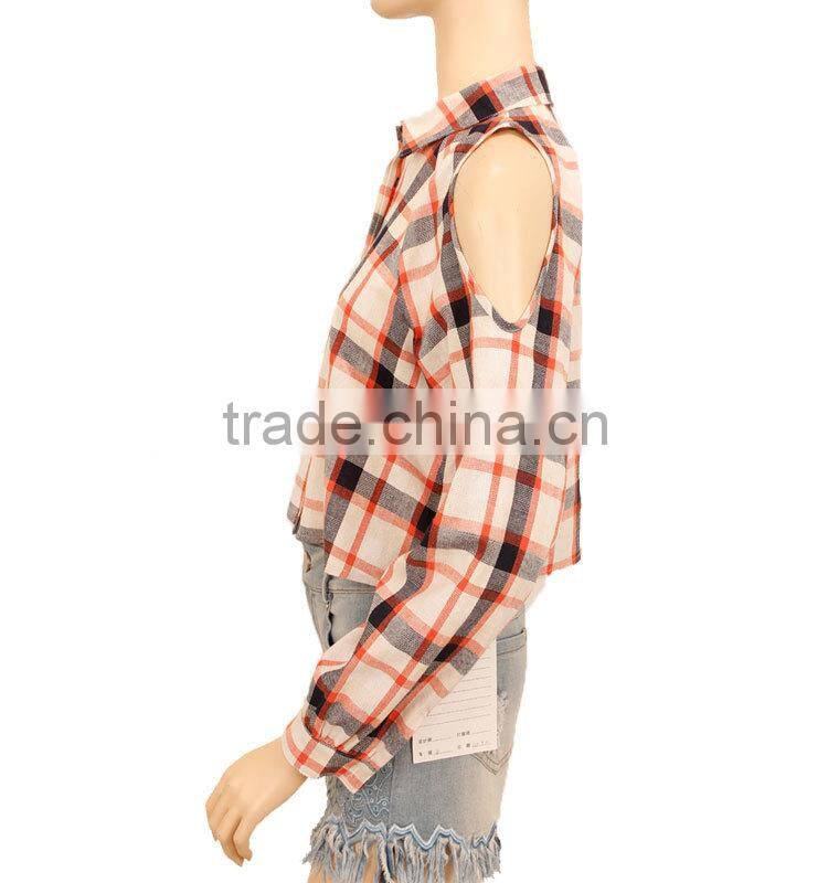 cold shoulder women plaid shirt long sleeve fashion blouses 2015