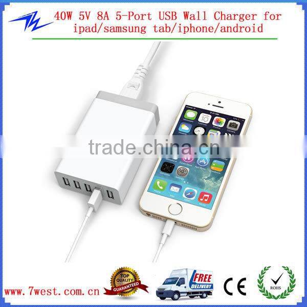Customized 40W 5V 8A 5 Port Desktop Charger USB Wall Charger for ipad,iphone,android,samusung tab