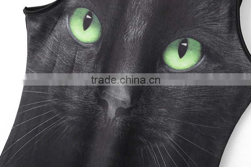 lady clothing backless black cat image printed fabric swimming wear for girls