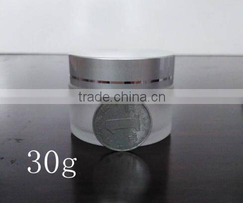 30g empty cylinder transparent facial cream cosmetic glass jar/salve oil cream jar with shiny gold/sliver aluminum screw lid