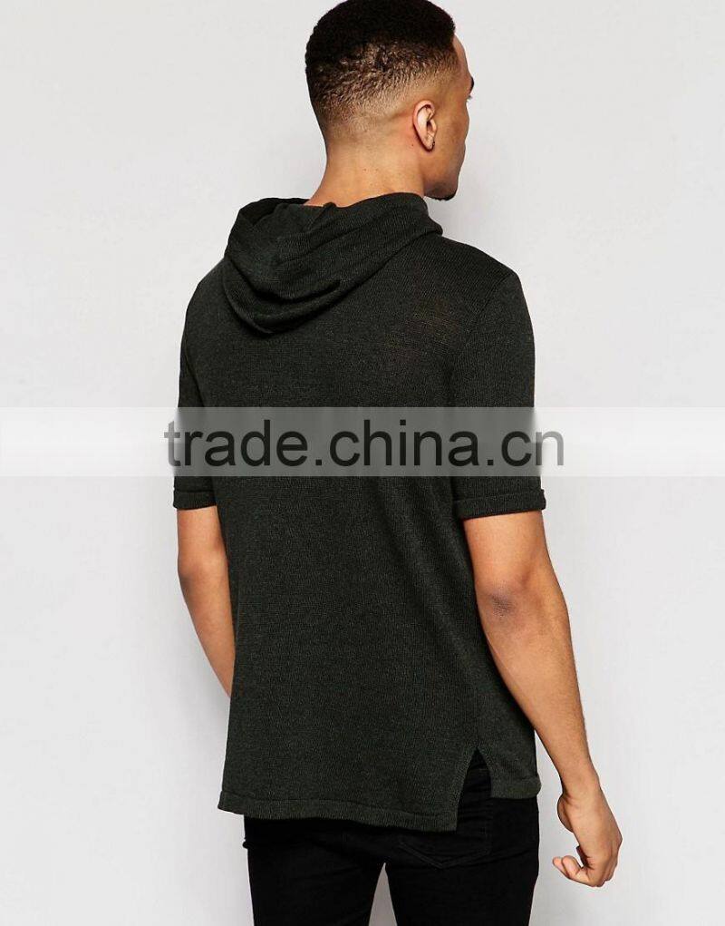 Promotion pullovers dark green men custom high quality short sleeves slim muscle hoodie
