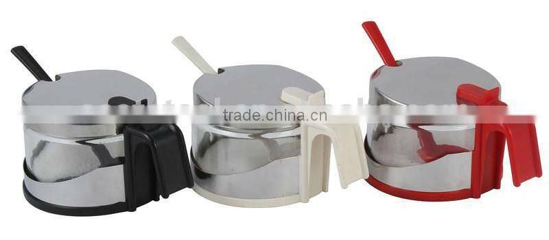 with plastic spoon glass salt & sugar bowl